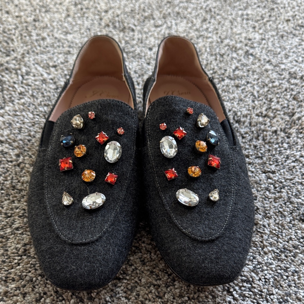 J. Crew Dark Gray Embellished Wool Loafers With Multicolored Gem Accents